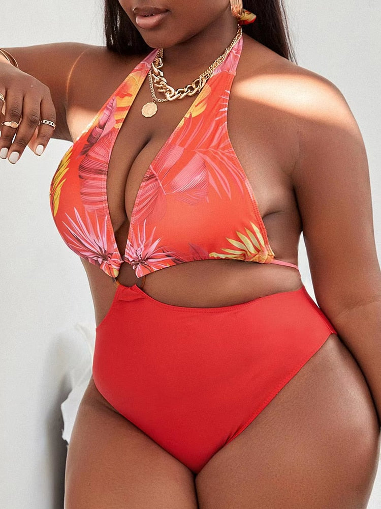 Halter Plus Size V Neck Push Up Bikini Swimsuits Bathing Suit With Mesh Sarong Skirt Swim dress-FrenzyAfricanFashion.com