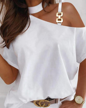 Metal Decorative Cold Shoulder Women&#39;s Top 2023 Summer Fashion White T-shirt Casual T-shirt-FrenzyAfricanFashion.com
