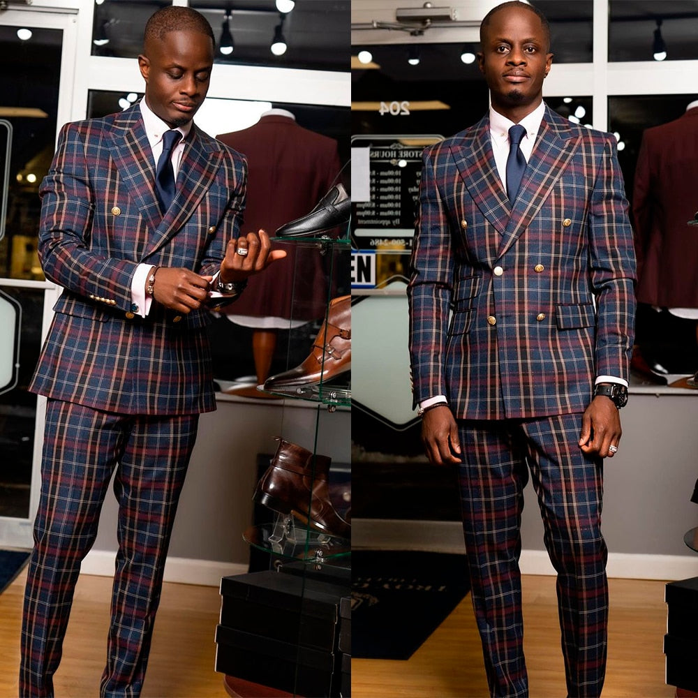 Casual Men Suits Grid Pattern Two Button Two Pieces Jacket With Pants-FrenzyAfricanFashion.com