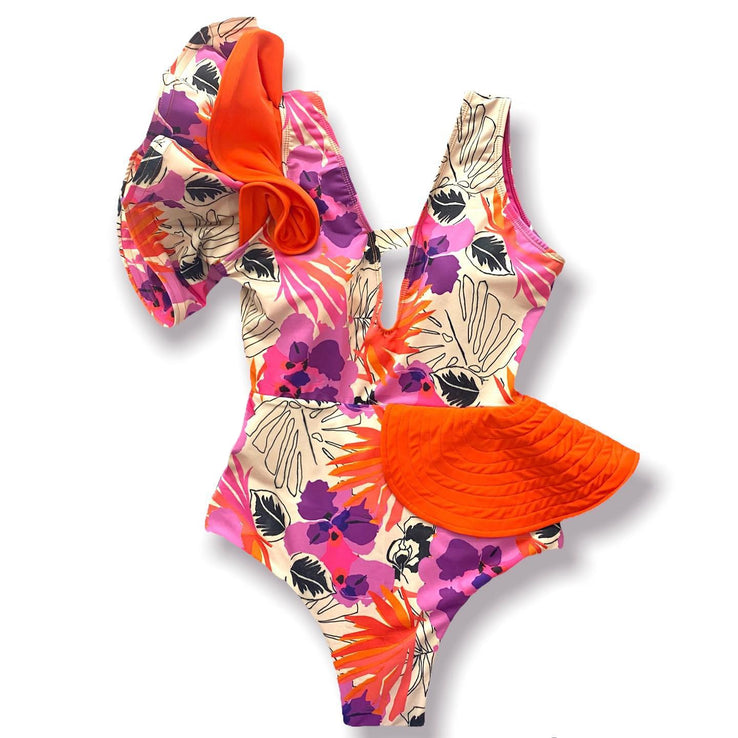 Floral Printed Deep V-neck Ruffle Swimsuit Push Up One Piece Backless Monokini-FrenzyAfricanFashion.com