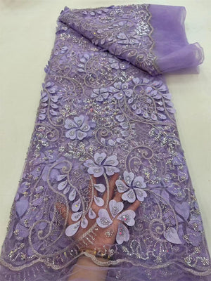 Purple Latest Nigerian Lace Fabrics Bead sequins Fabrics For Wedding 5Yards-FrenzyAfricanFashion.com
