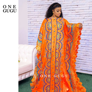 New Nigerian Original Bazin Dress Dashiki Brocade Embroiderey Basin Clothing 2022 Orange Mali Women Robe Wedding Party Dresses-FrenzyAfricanFashion.com