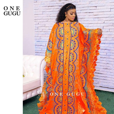 Image of New Nigerian Original Bazin Dress Dashiki Brocade Embroiderey Basin Clothing 2022 Orange Mali Women Robe Wedding Party Dresses-FrenzyAfricanFashion.com