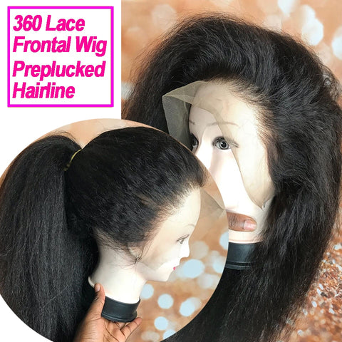 Image of Kinky Straight Wig Transparent Lace Frontal Wig Curly Human Hair Wigs Lace Frontal Pre Plucked Glueless Closure Wig Remy Hair-FrenzyAfricanFashion.com