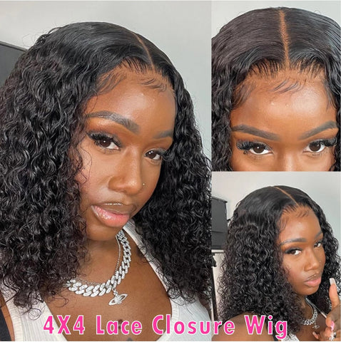 Image of Deep Curly Lace Front Human Hair Wigs 13x6 Lace Frontal Wigs Brazilian Deep Wave Short Bob Lace Frontal Wig180 Density Wigs Remy-FrenzyAfricanFashion.com
