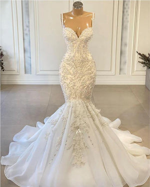 Luxury Mermaid African Women ivory Wedding Dresses 2022 Beaded Embroidery Sexy White Vintage Lace Organza Bridal Wedding Gown-FrenzyAfricanFashion.com