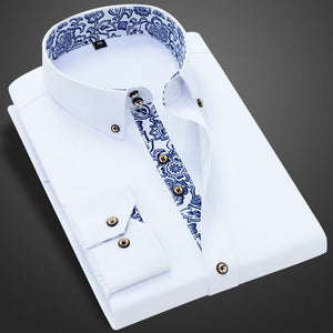 Blue-and-white Porcelain Collar Shirt Men Long Sleeve SlimFit Casual Business Dress Shirts Solid Color White Shirt Cotton-FrenzyAfricanFashion.com