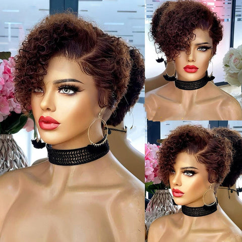 Image of Short Bob Wig Pixie Cut Wig Curly Human Hair Wigs For Women 13x1 Lace Front Transparent Deep Wave Lace Wig Preplucked Hairline-FrenzyAfricanFashion.com