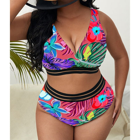 Image of Plus Size Swimsuits 2 Pieces Set Women High Waist Push Up Bikini Sets Flower Print Bathing Suits-FrenzyAfricanFashion.com
