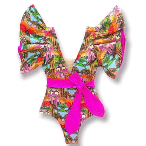 Image of Floral Printed Deep V-neck Ruffle Swimsuit Push Up One Piece Backless Monokini-FrenzyAfricanFashion.com