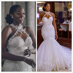 White Ivory Lace Beaded Wedding Dresses-FrenzyAfricanFashion.com