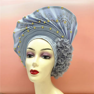 nigerian aso oke with beads women turban shawl african headties-FrenzyAfricanFashion.com