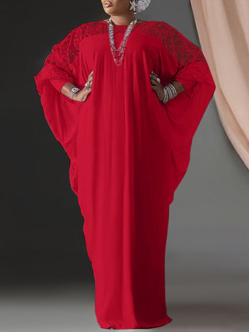 Image of Summer Kaftan Dress Women Lace Patchwork Maxi Long Dresses Long Sleeve O Neck Solid-FrenzyAfricanFashion.com