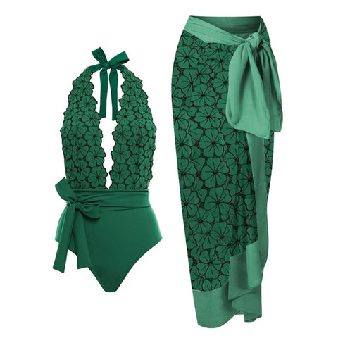 Image of Vintage Swimsuit Green With Beach Skirt Summer Surf Wear-FrenzyAfricanFashion.com