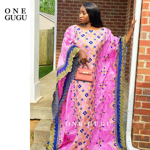 Image of Mix Size African Bazin Dress New Nigerian Women Dashiki Long Dress For Wedding Party Gown Clothing Pink Diamond Robe Dresses-FrenzyAfricanFashion.com