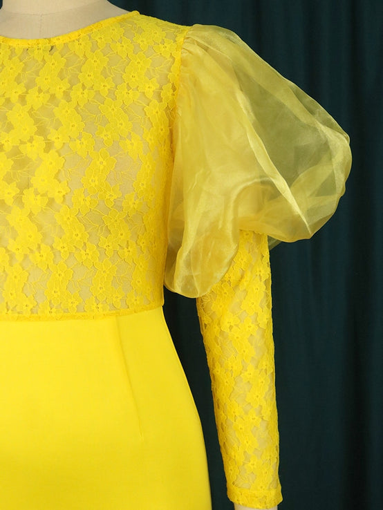 Yellow Lace Evening Party Dresses Women Puff Big Long Sleeve-FrenzyAfricanFashion.com