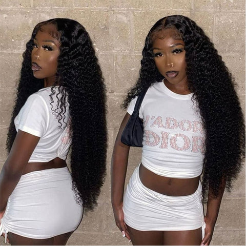 Image of Deep Wave Lace Front Wig Kinky Curly Synthetic Wigs 13x4X1 Cheap Wig Pre Plucked Natural Hair Glueless for Black Women-FrenzyAfricanFashion.com
