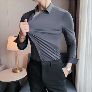 Plus Size 4XL-M High Elasticity Seamless Shirts Men Long Sleeve Top Quality Slim Casual Luxury Shirt Social Formal Dress Shirts-FrenzyAfricanFashion.com