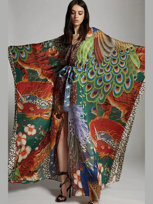 Autumn Bohemian Printed Belted Long Kimono Tunic Vintage Plus Size Clothes Women Batwing Sleeve Maxi Dresses-FrenzyAfricanFashion.com