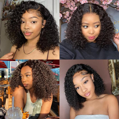 Image of Deep Curly Lace Front Human Hair Wigs 13x6 Lace Frontal Wigs Brazilian Deep Wave Short Bob Lace Frontal Wig180 Density Wigs Remy-FrenzyAfricanFashion.com
