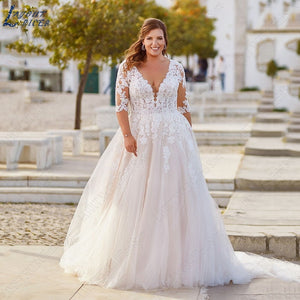 Plus Size Wedding Dresses For Bride Appliques Half Sleeves boho Lace Up Backless Bridal Gowns Beach-FrenzyAfricanFashion.com