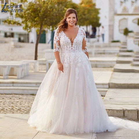 Image of Plus Size Wedding Dresses For Bride Appliques Half Sleeves boho Lace Up Backless Bridal Gowns Beach-FrenzyAfricanFashion.com