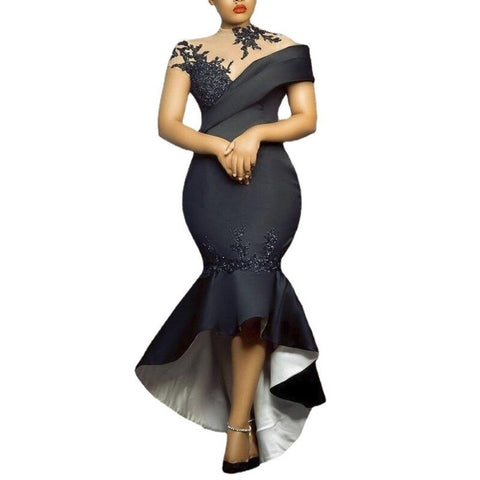 Image of Women Black Dresses Strapless Asymmetric Ruffles Mermaid Long Dress-FrenzyAfricanFashion.com