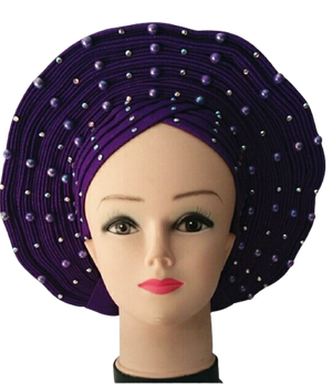 African Headband Auto Gele headtie turban head wrap with pearls-FrenzyAfricanFashion.com