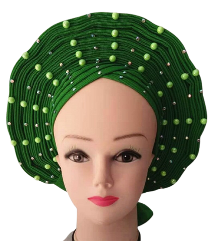 Image of African Headband Auto Gele headtie turban head wrap with pearls-FrenzyAfricanFashion.com