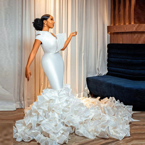 Image of Luxury White Satin Mermaid Wedding Dress-FrenzyAfricanFashion.com