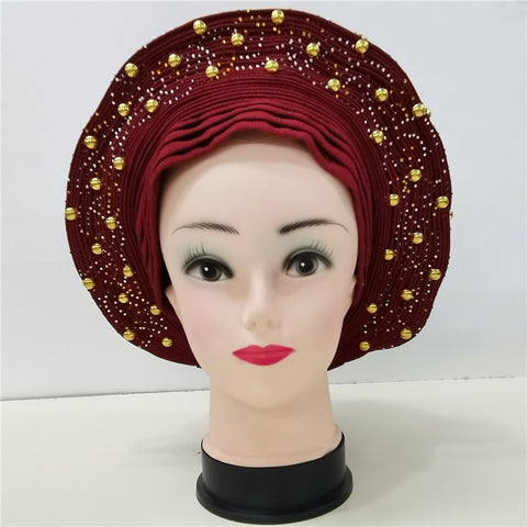 Image of Nigerian Auto Gele headtie turban head wrap with Gold Stud-FrenzyAfricanFashion.com