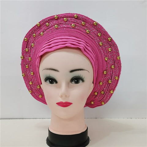 Image of Nigerian Auto Gele headtie turban head wrap with Gold Stud-FrenzyAfricanFashion.com