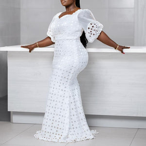 Women White Lace Slash Neck Mermaid Dress-FrenzyAfricanFashion.com