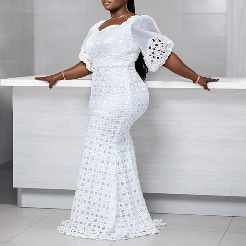 Image of Women White Lace Slash Neck Mermaid Dress-FrenzyAfricanFashion.com