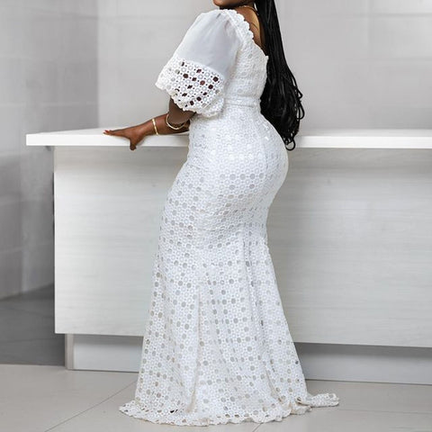 Image of Women White Lace Slash Neck Mermaid Dress-FrenzyAfricanFashion.com
