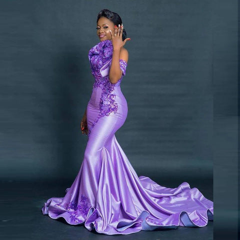 Image of Lavender Lace Long Off Shoulder Dress-FrenzyAfricanFashion.com