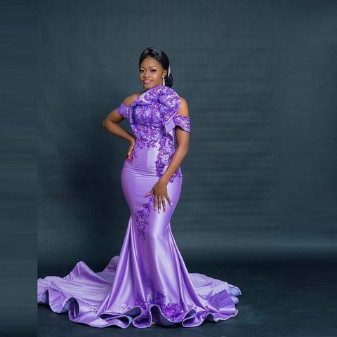 Image of Lavender Lace Long Off Shoulder Dress-FrenzyAfricanFashion.com