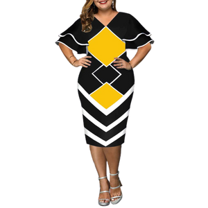 Women Geometric Print Bodycon Dress with layered Sleeves