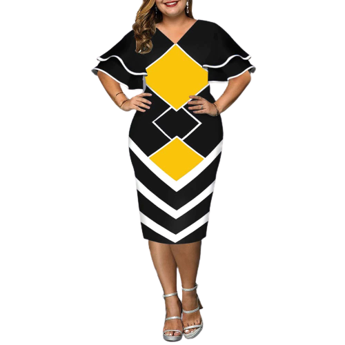 Women Geometric Print Bodycon Dress with layered Sleeves-FrenzyAfricanFashion.com
