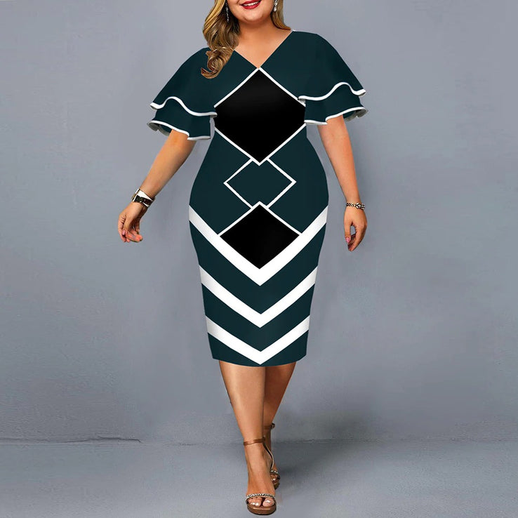 Women Geometric Print Bodycon Dress with layered Sleeves-FrenzyAfricanFashion.com