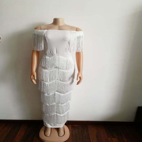 Image of Elegant Tassels Fringe Ruffle Bodycon Dress Summer White Bandage Long Maxi Party Dress-FrenzyAfricanFashion.com