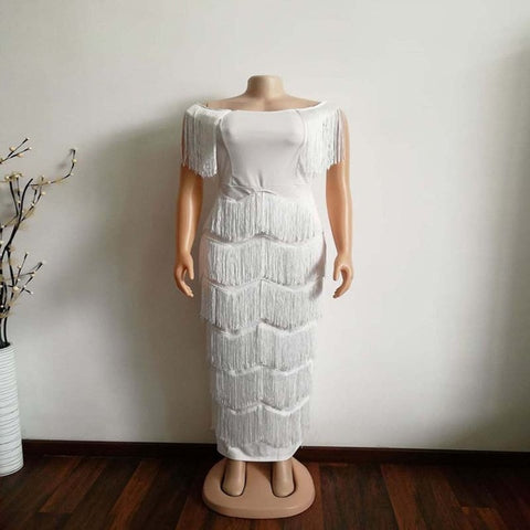Image of Elegant Tassels Fringe Ruffle Bodycon Dress Summer White Bandage Long Maxi Party Dress-FrenzyAfricanFashion.com