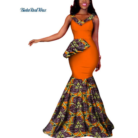 Image of Women African Wax Print Long Mermaid Sleeveless A100A-FrenzyAfricanFashion.com