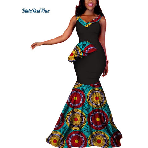 Image of Women African Wax Print Long Mermaid Sleeveless A100B-FrenzyAfricanFashion.com