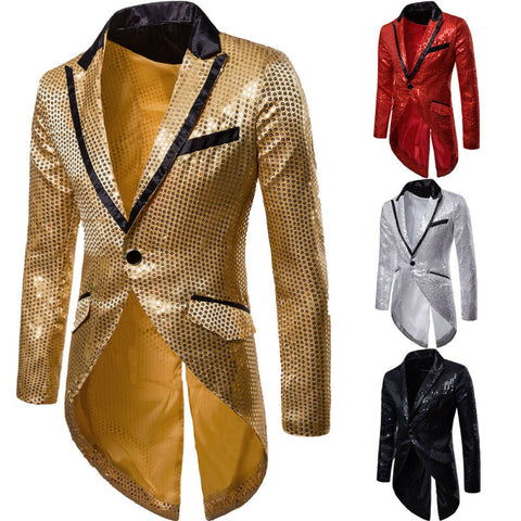 Image of Men's Blazer Tail Sequin Casual Slim Fit Formal One Button Suit Coat collar Jacket-FrenzyAfricanFashion.com