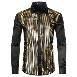 Lakis Gold Men Sequin Black Silk Dress Shirts-FrenzyAfricanFashion.com