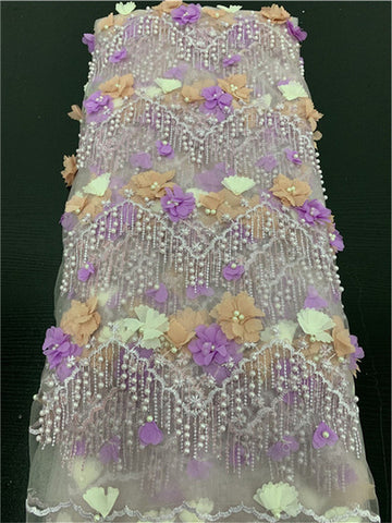 Image of 3D Flowers Lace Fabric Luxury Beaded Tulle French Net For Dresses-FrenzyAfricanFashion.com