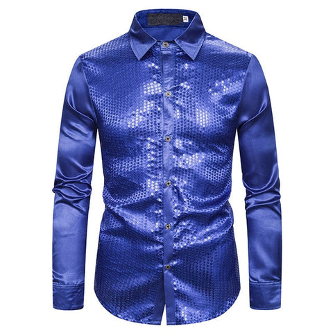 Image of Lakis Designer Luxury Sequin Satin Long Sleeve Dress Shirt-FrenzyAfricanFashion.com