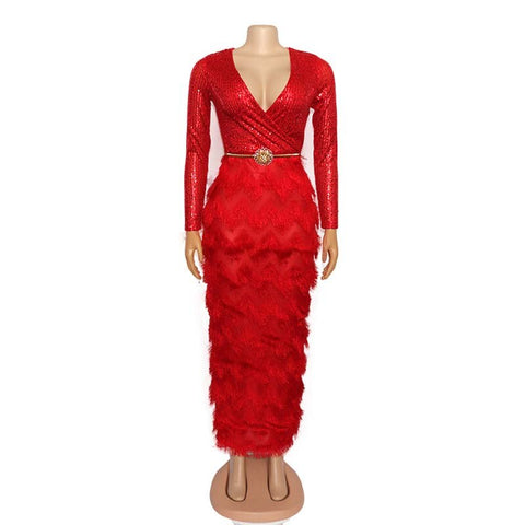 Image of Lily Design Women Deep V-Neck Sequins Party Dress Long Sleeve Dress-FrenzyAfricanFashion.com