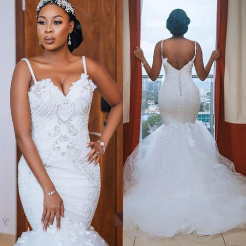 Image of Mermaid Wedding Gowns Open Back Beaded Lace Bridal Dress-FrenzyAfricanFashion.com